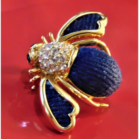VTG Joan Rivers Blue DENIM & PAVE CRYSTAL BEE PIN Brooch Gold Plate Rhinestones! - Picture 4 of 7